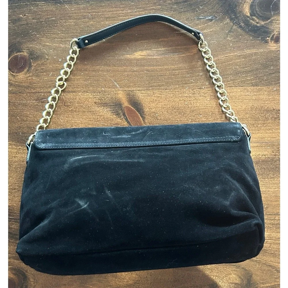 Talbots Suede Shoulder Bag Womens Small Black Studded‎ Gold Chain Strap Purse